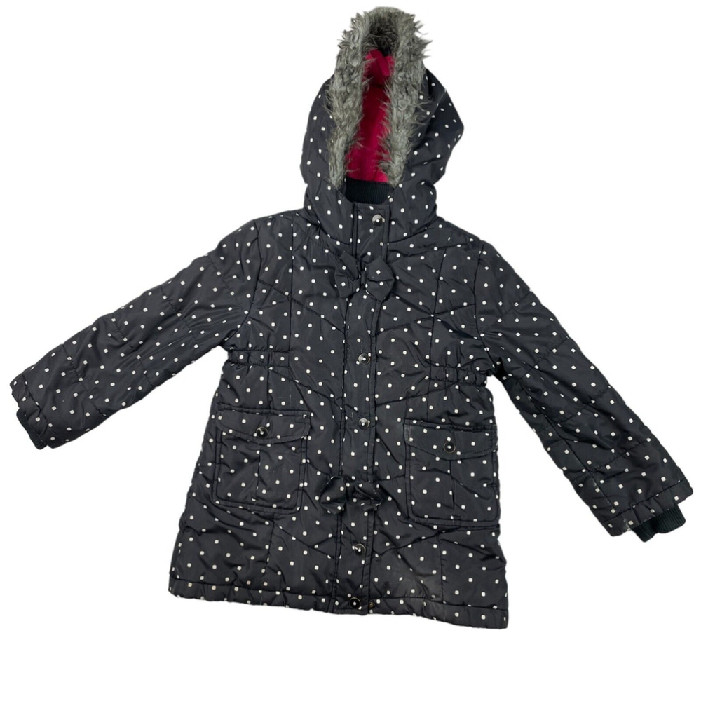 Nicole Miller Puffer Jacket Girls 5 Black Polka Dot Hooded Snap Button Full Zip